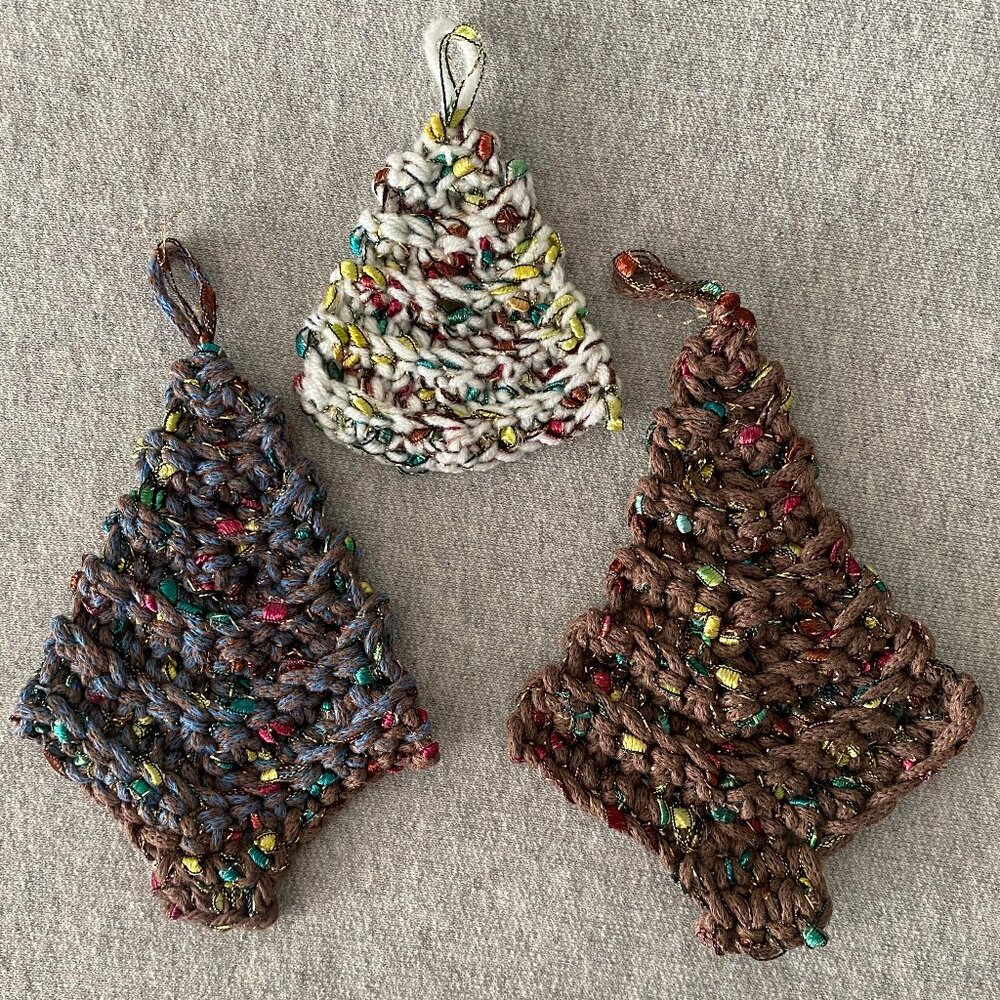 Handmade Crochet Brown Blue Holiday Christmas Tree Hanging Decorations Set of 3